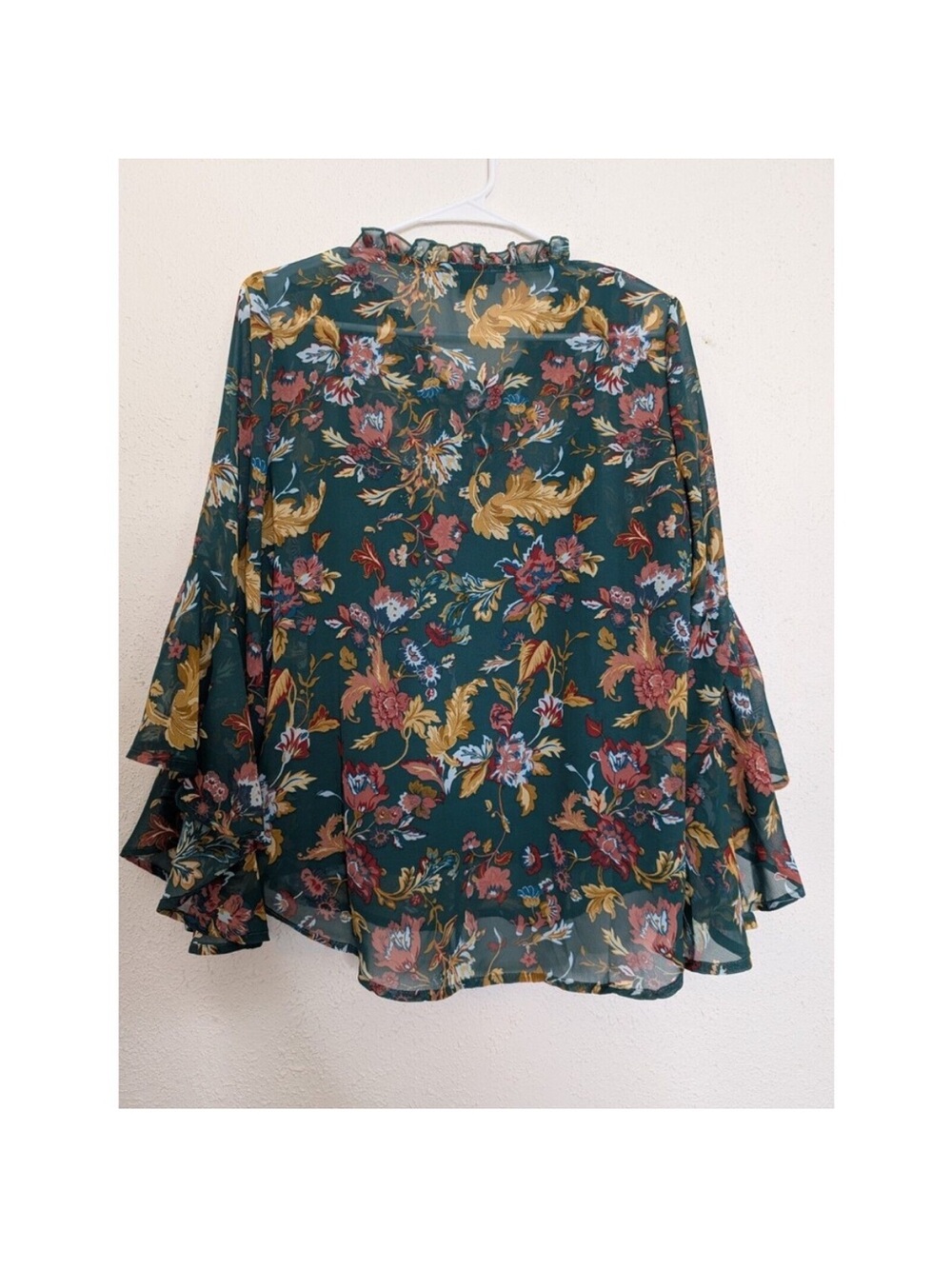 Frye Forest Green Floral Ruffle Sleeve Blouse - Picture 3 of 5